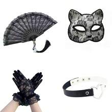 3/4件套角色扮演猫脸蕾丝半脸面具性感拍照道具套装，包含蕾丝扇子、蕾丝手套、心形项链，适合万圣节、婚礼、情人节、狂欢节和其他派对场合。 - 蕾絲 - 查看 8