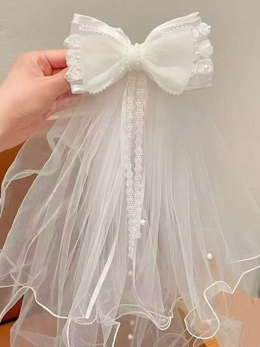 1件装女童白色珍珠绒球发箍,带蝴蝶结和丝带,适合婚礼、度假、派对、乡村风格场合 - 白色 - 查看 1