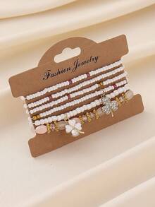 6件套波西米亚简约优雅奢华手工串珠水晶四叶草吊坠弹力叠戴手链套装，适合女性参加派对、送礼、度假，是完美的礼物之选，四季皆宜，日常休闲佩戴。 - 四葉草/三葉草 - 查看 8