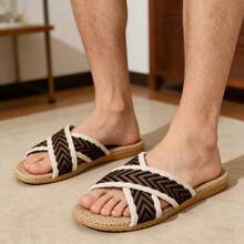 Men's Linen Slippers, Lightweight Non-Slip Indoor Slippers For Bedroom, Summer - Brown - View 2