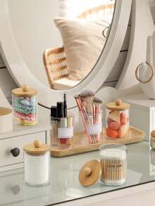4pcs Accessories With Bamboo Cover Dispensor Holder For Swab, Round Pad, Dental Flosser, Etc. - 10oz Clear Plastic Dispensing Jars Packaging Set For Bathroom/Kitchen Vanity Storage Organizer. - 查看 3
