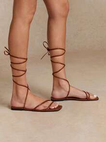 Tropiscape 女士编织系带平底凉鞋，仙女风格，罗马凉鞋 - 棕色 - 查看 3