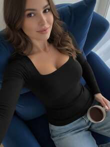 Women's Basic Long-Sleeve Blouse With Square Neckline, Shaping Effect, Soft Supplex Fabric, Lined With Elastane, Casual Fashion, Versatile And - màu đen - Xem 2