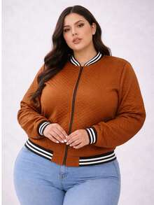 Women's Plus Size Bomber Jacket With Zipper, Sizes G1 G2 G3 - 駝色 - 查看 3