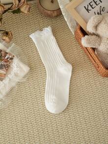 半双装女士蕾丝边中筒洛丽塔袜，白色荷叶边条纹袜，适合日常穿着 - 彩色 - 查看 10