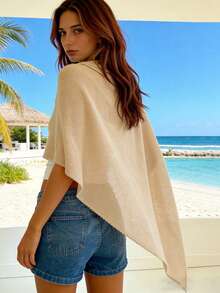Womens Knitted Poncho Solid Color Asymmetric Shawl Wraps Comfortable Cape For All Seasons - Khaki - View 2