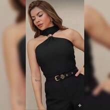 Women's Cropped Top With Halter Neck, Brooch Detail, High Collar, Elegant And Chic. - 黃色 - 查看 4