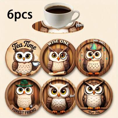6个2D打印猫头鹰图案圆形木质杯垫，适用于庭院、厨房、客厅、家庭聚会、餐桌装饰，是节日、婚礼、生日、派对等场合赠送亲朋好友的理想礼物，也是家居装饰配件。