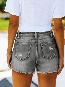 女士休闲做旧牛仔短裤，带口袋，采用耐用无弹面料制成 - 淺灰色 - 查看 3