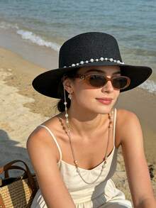 1pc Women's French Elegant Anti-UV Straw Hat With Pearl, Graceful Pearl Hat, Unisex Straw Hat, Suitable For Beach Vacation Bohemian - Pearl Multicolor - View 3