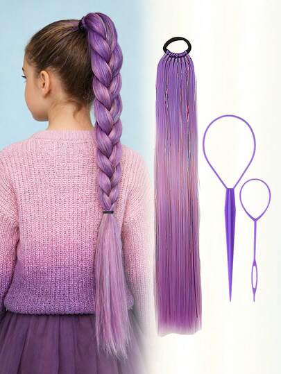 2pcs/1pc 24-Inch Girls Braided Purple Wig With Long Straight Fluffy Ponytail, Suitable For Girls Daily, Party, And Gathering Wear