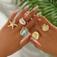 5pcs Fashion Elegant Ocean Life Starfish Shell Baroque Faux Pearl Ring Set, Women Daily Party Stacking Rings Jewelry Gift - Starfish - View 8