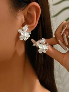 4pcs/Set Fashionable Versatile Platinum Flower & Teardrop Earrings - Silver - View 3