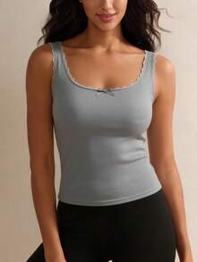 1pc Summer Versatile Pure Lace Butterfly Knot Camisole, Fitted Layering Sleeveless Top For Women - Grey - View 1