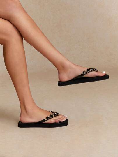 Tropiscape 黑色闪亮钻石户外女士沙滩人字拖，TPR 鞋底防滑底凉鞋