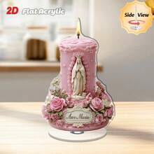 2D Flat - 1pc Religious Candle Holder - Pink & Gold Virgin Mary Statue With Floral Base, Rotating Stand, For Meditation, Home, Church, Office - Feminine Spiritual Decor, Church Decoration, Elegant Design, Decorative Figurine, Faith Gift Office Desk Desk Office Supplies Office Decor - A - View 1