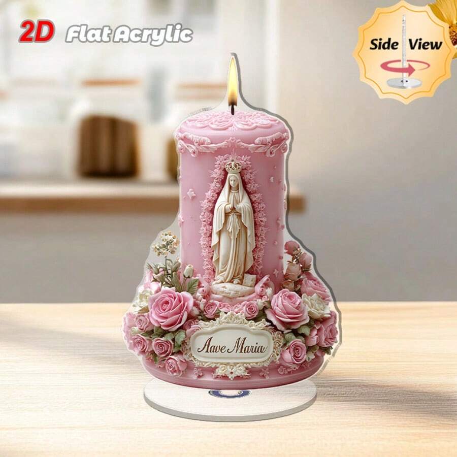 2D Flat - 1pc Religious Candle Holder - Pink & Gold Virgin Mary Statue With Floral Base, Rotating Stand, For Meditation, Home, Church, Office - Feminine Spiritual Decor, Church Decoration, Elegant Design, Decorative Figurine, Faith Gift Office Desk Desk Office Supplies Office Decor - A - View 1