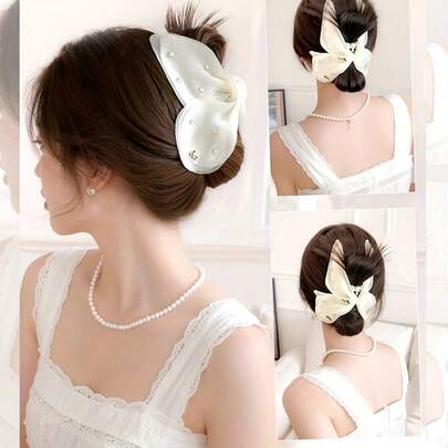 Bun Hairstyle Clip-On Wig, Sheer Bow Decor Fake Hair Bun Scrunchie For Women