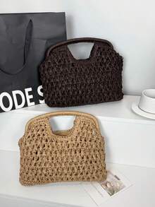 Natural Fiber Clutch Bag, Handwoven Raffia Straw Summer Beach Bag, 2026 New Design, Women Woven Vacation Handbag, Zipper Pouch - Coffee Brown - View 2