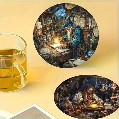 6pcs 2D Printed Magic Theme Design Round Wooden Coasters, Suitable For Yard, Kitchen, Living Room, Home Gathering Dining Table Decor, Gift For Friends And Family On Holidays, Suitable For Valentine's Day, Wedding, Birthday Party Home Decor Accessories, Best Gift For Friends