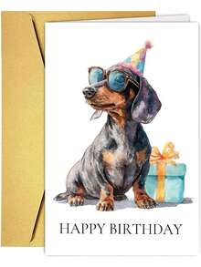 1张可爱腊肠犬生日贺卡，附信封，水彩派对狗狗设计，送给爱狗人士 - 查看 8