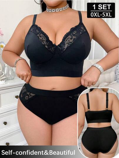 Plus Size Women Floral Print Wireless Soft & Comfortable Bra & Panty Set