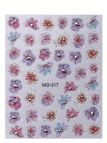 5D紫金花朵美甲贴纸2片装，金属线条渐变花瓣叶子春夏花卉印花设计 - DIY奢华优雅时尚自粘沙龙贴纸滑块美甲装饰美甲用品 - 彩色 - 查看 5