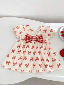 Đầm hè cho bé gái, đầm nơ cho bé sơ sinh, đầm đỏ tay phồng dễ thương đa năng. - Màu be - Xem 5