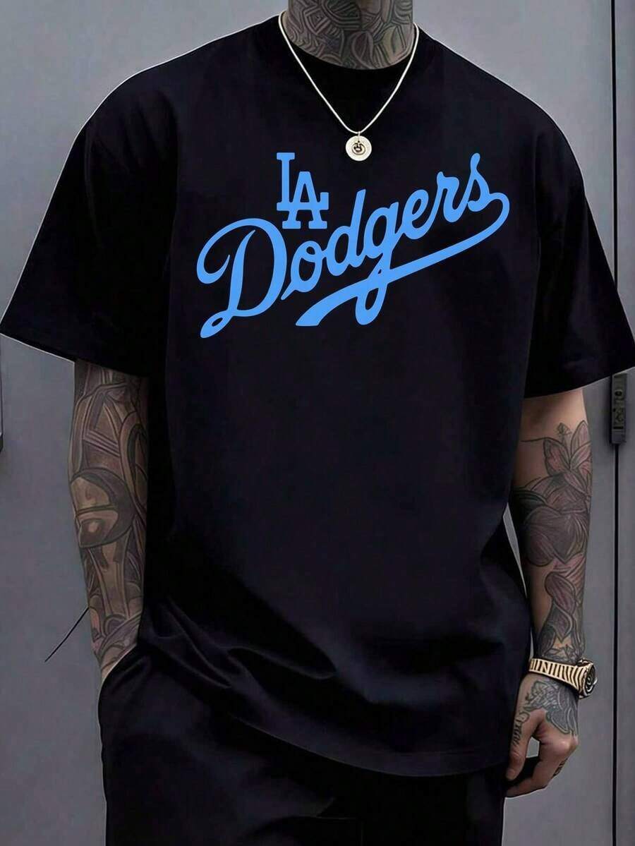 Men's 220g 100 Percent Cotton Dodgers Graphic T-Shirt, Comfortable, Soft, And Breathable Men's Sportswear, Suitable For Everyday Wear, Outings, Commuting, Sports, And Parties. HZOA - Black 2 - 查看 1