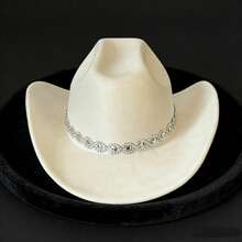 Rhinestone Cowboy Hat For Women, Summer Hats For Women Fashion Western Cowgirl Hats, Elegant Wide Brim Fedora Cap For Party & Daily - 米色-Rhinestone Cowboy Hat - 查看 9