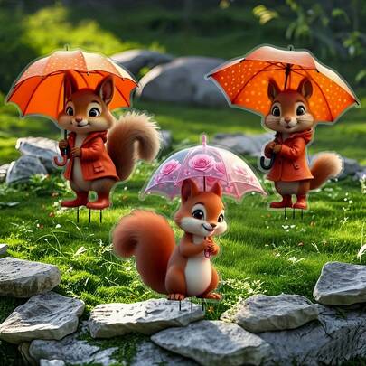 3pcs 2D Printed Cute Squirrel Garden Stakes, Colorful Acrylic Outdoor Decorations, Windproof And Weatherproof, No Power Or Battery Needed, Lawn And Potted Plant Markers, Suitable For Garden, Lawn And Yard Decor, Ideal Holiday Gift