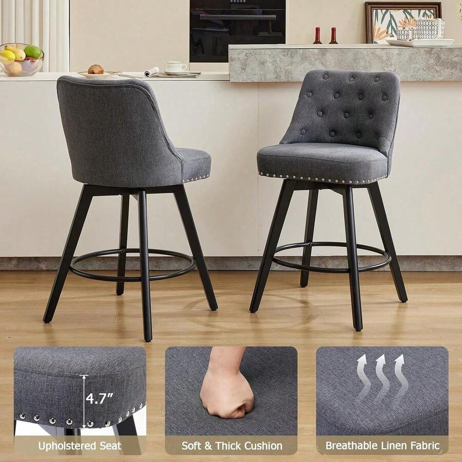 2pcs modernos tabuletos giratorios de la barra conjunto con patas de madera maciza, tabuletos de la barra de la altura del contador con la espalda, tejido de lino tapizado tabuletos de la barra para la isla de la cocina, 26 "H asiento - Lino gris - Ver 1