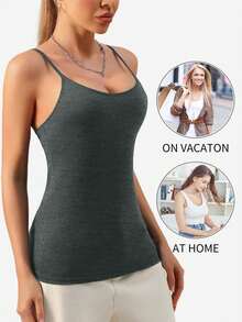 1pc Adjustable Strap Padless Camisole, Casual Layering Sleeveless Top, Backless Design, Deep Grey, Spring/Summer - Dark Grey - View 5