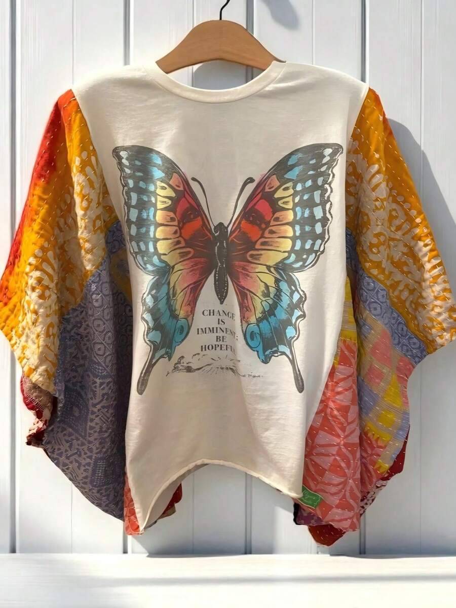 Ladies' Casual Colorful Butterfly Print Spliced Batwing Sleeve Top - Spliced Extended Version With Personalized Sleeves - Multicolor - View 1