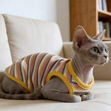 Camisa de cuello de canalé para mascotas, atuendo lindo resistente al desprendimiento de pelo, para relajación en interiores y compañía diaria, adecuado para todas las razas de gatos esfinge, top de tirantes de color de contraste elástico y amigable con la piel - Azul - Ver 9