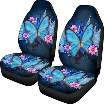 Bọc ghế trước xe hơi in hình bướm xanh và hoa hồng, phù hợp với hầu hết các xe 5 chỗ, thiết kế trang trí, bảo vệ ghế nguyên bản, mỏng và dùng được cả bốn mùa.