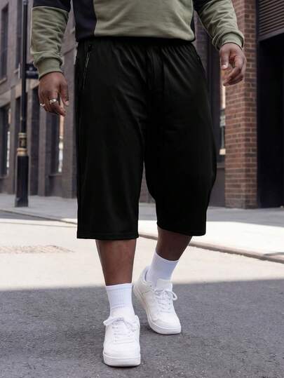 Plus Size Ice Silk 3/4 Shorts, Casual Sports Zipper Pocket Quick-Dry Straight Leg Pants, Suitable For Summer Wear