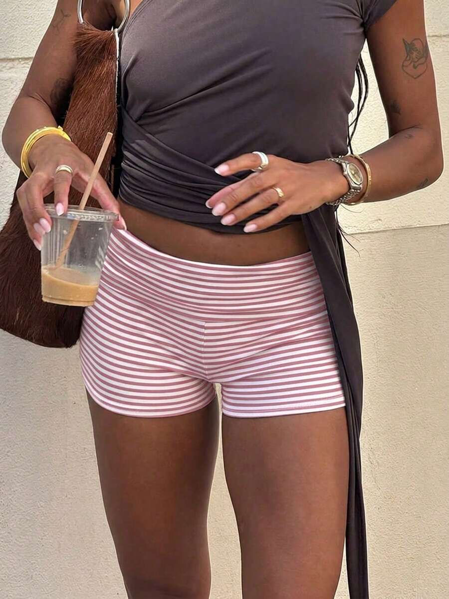 阳光少女风夏季女士Y2K性感条纹针织直筒短裤，可折叠腰带，粉色裤子，非常适合海滩、街头约会和休闲居家穿着。 - 粉色 - 查看 1