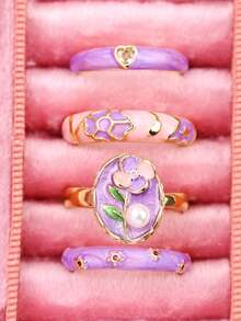 4件套 时尚精致优雅可爱小众设计 水钻花朵珍珠戒指，女士日常节日派对礼物首饰 - 彩色 - 查看 12