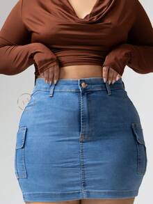 Plus Size Denim Skirts - 淺色水洗藍 - 查看 5