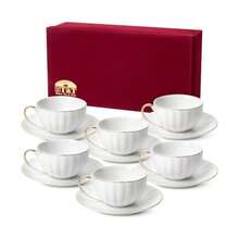 BTaT- Tazas de capuchino con platillos de 7 onzas con caja de regalo juego de 6 taza de café y platillo de porcelana blanca para café con leche con diseño de borde dorado apto para lavaplatos - Blanco - Ver 8