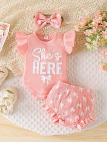 2pcs Newborn Baby (Girl) Cute Letter Print Flutter Sleeve Ribbed Romper + Shorts Set, Lightweight Summer - Pink - View 1
