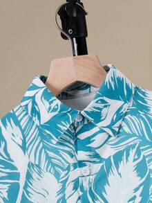 Boys' Leaf Print Short Sleeve Shirt And Shorts Set, Casual Lightweight Vacation Street Style, Spring/Summer - Blue and White - View 4