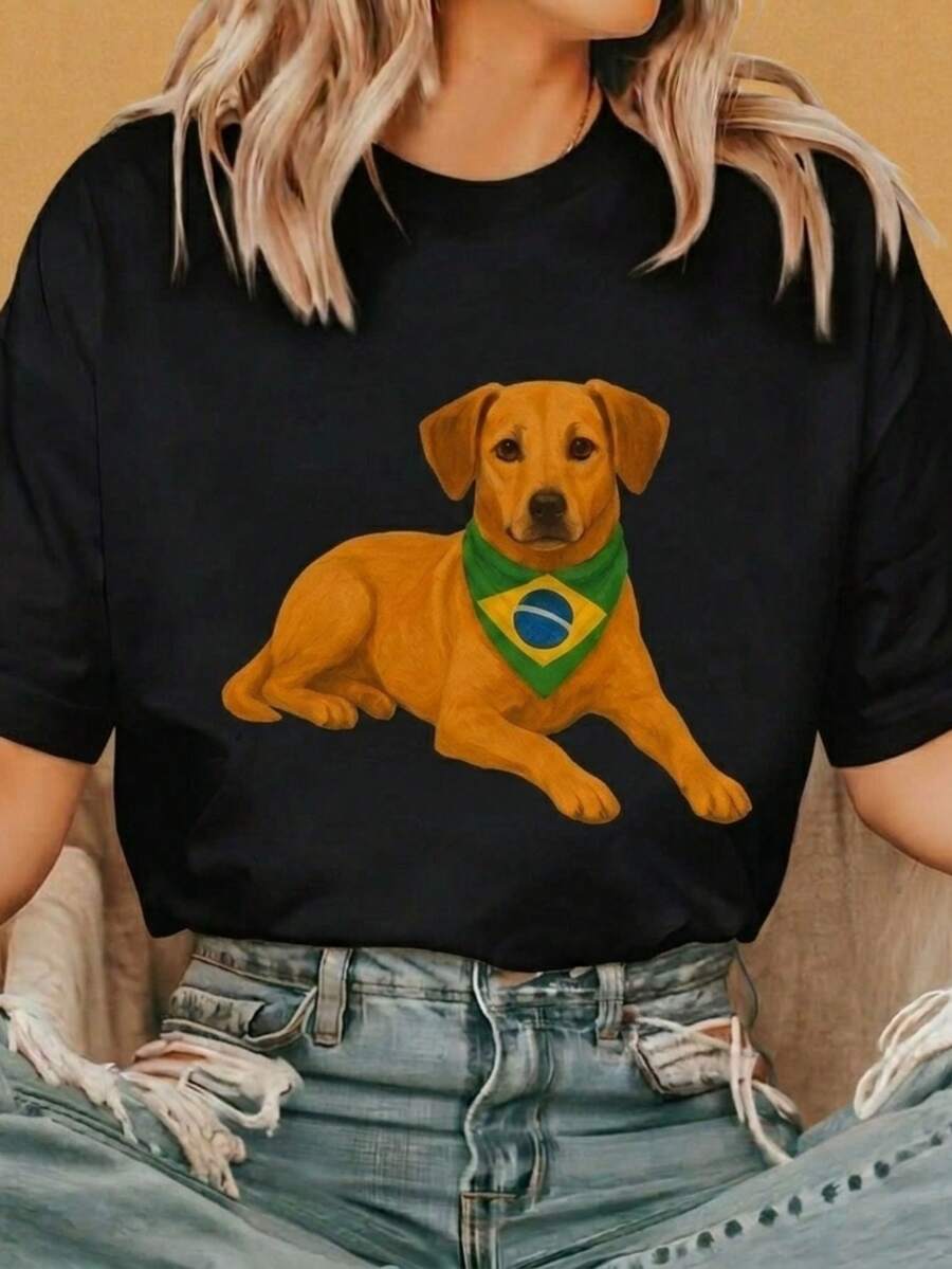 Women's Caramel Dog Shirt With Brazil Scarf - World Cup Launch, Brazil Collection, Brazil Core, Cheapest - 黑色 - 查看 1