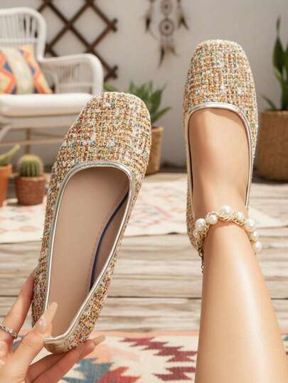 Women's Lightweight Non‑Slip Comfortable Multicolor Tweed Texture Ballet Flats With Metallic Silver Trim, Square Toe Slip‑On Flat Dress Shoes, Boho Chic Textured Footwear For Vacation, Brunch & Casual Daily, Spring Summer Multicolor Tweed Fabric With Silver Trim