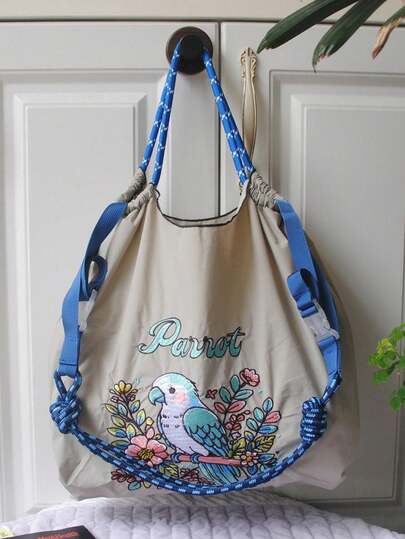 New Fashionable Embroidered Floral & Butterfly Large Capacity Shopping Tote Bag, Women Casual Versatile Shoulder Handbag