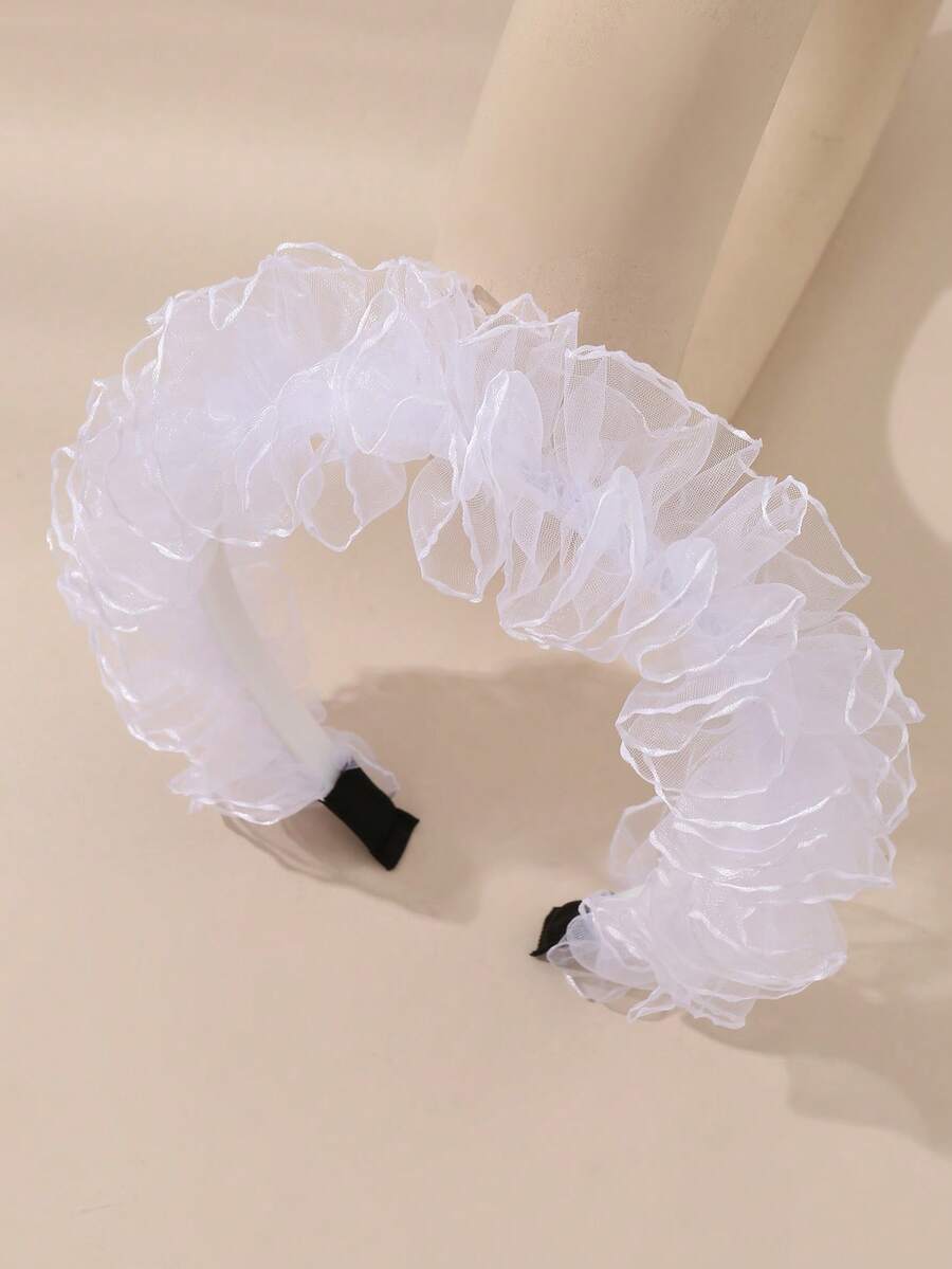 1件装女士时尚优雅别致白色仿珍珠褶皱网纱发箍，适合日常、节日、婚礼、派对和聚会等场合，美妆家居发饰发带发箍 - 白色 - 查看 1