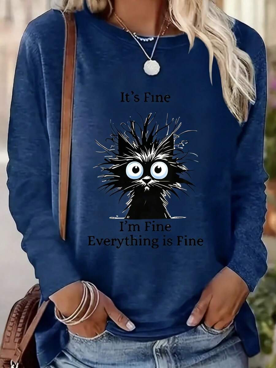 Women's Casual Long Sleeve Round Neck Sweatshirt - Cute Cat Graphic & "It's Fine" Humorous Print, Loose Fit Pullover, Machine Washable Fall Winter Top, Cat Sweater, Everyday Apparel, Comfortable Clothing - 寶藍色 - 查看 1