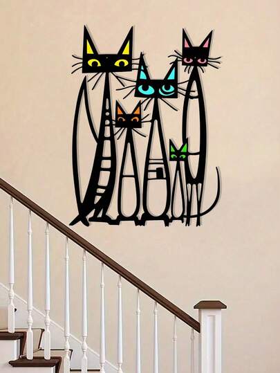 1pc - Picasso Cubist Cat Silhouette Metal Wall Art - 2D Flat Geometric Design With Colorful Decorations, Suitable For Indoor And Outdoor Wall Decoration, Ideal For Patios, Gardens, Living Rooms And Bedrooms, Durable Outdoor Fence Decoration, New Home Gift, Cat Lover's Gift