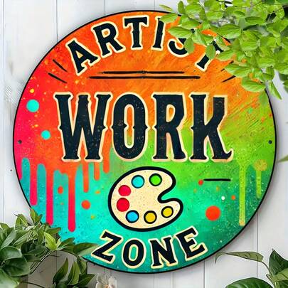 1pc Wooden Round Sign Engraved With "Artist's Work Area", Suitable For Studio, Office And Teacher's Office Decor, Size 20x20cm, Pre-Drilled Holes As Shown In Size Chart
